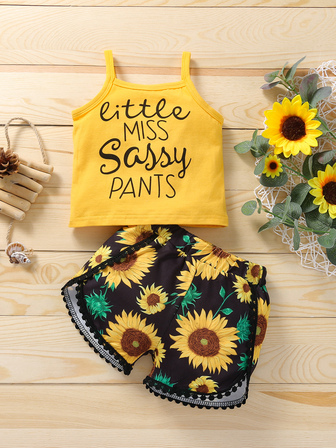 للبنات الاطفال بطباعة شعار صدرية كامي و طباعة عباد الشمس بنطلون قصير