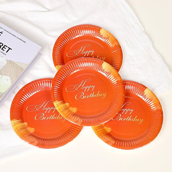 

10pcs Slogan Graphic Birthday Party Disposable Plate, Orange