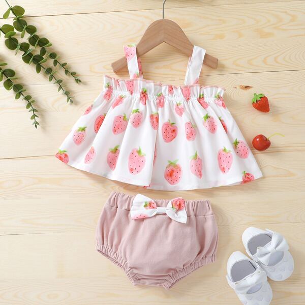 

Baby Girl Strawberry Print Cami Top With Bow Shorts, Multicolor