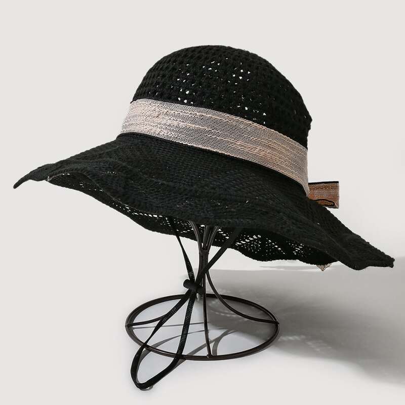 

Bow Decor Straw Hat, Black
