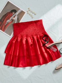 SHEIN Privé Shirred Waist Layered Satin Skirt - Red - View 1