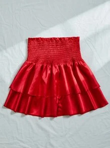 SHEIN Privé Shirred Waist Layered Satin Skirt - Red - View 2