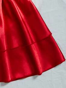 SHEIN Privé Shirred Waist Layered Satin Skirt - Red - View 3