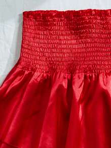 SHEIN Privé Shirred Waist Layered Satin Skirt - Red - View 4