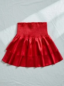 SHEIN Privé Shirred Waist Layered Satin Skirt - Red - View 5