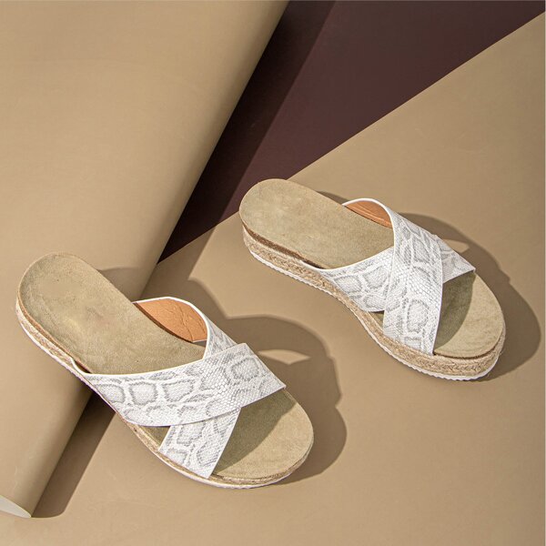 

Snakeskin Cross Strap Flatform Mules, White