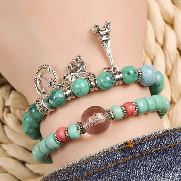 

2pcs Beaded Bracelet, Green