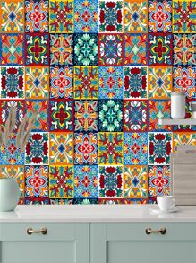 10pcs Graphic Print Wall Sticker, Vintage Self Adhesive Wall Tile Sticker For Home Decor - Multicolor - View 1