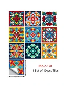 10pcs Graphic Print Wall Sticker, Vintage Self Adhesive Wall Tile Sticker For Home Decor - Multicolor - View 2