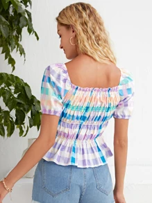 Top peplum con fruncido de guingán - Multicolor - Ver 2