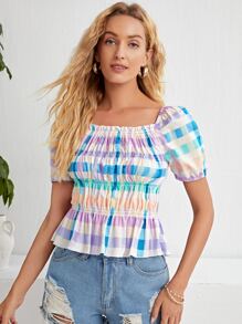 Top peplum con fruncido de guingán - Multicolor - Ver 3