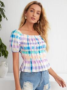 Top peplum con fruncido de guingán - Multicolor - Ver 4