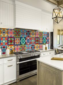 10pcs Graphic Print Wall Sticker, Vintage Self Adhesive Wall Tile Sticker For Home Decor - Multicolor - View 4