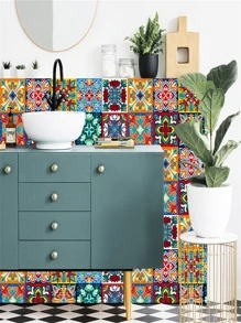 10pcs Graphic Print Wall Sticker, Vintage Self Adhesive Wall Tile Sticker For Home Decor - Multicolor - View 5