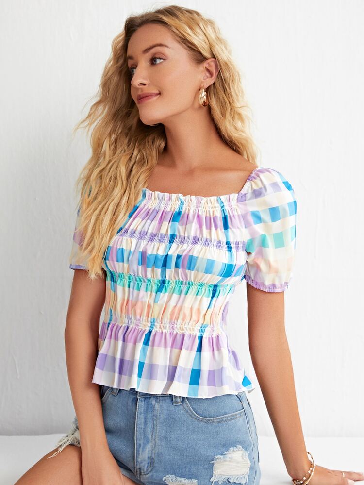 Gingham Shirred Peplum Top - Multicolor - View 5