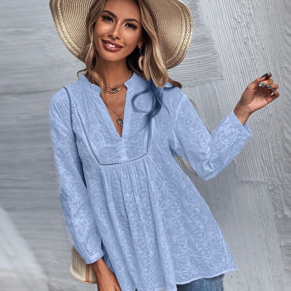 

Solid Embroidery Smock Blouse, Blue