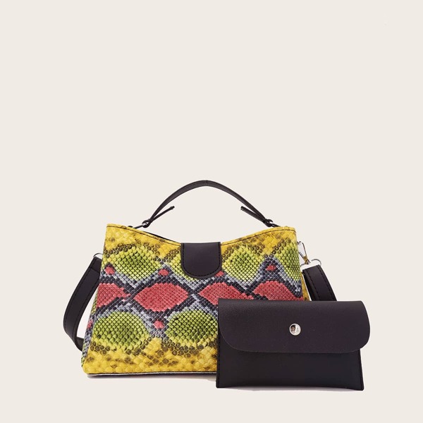 

Snakeskin Print Satchel Bag With Purse, Yellow
