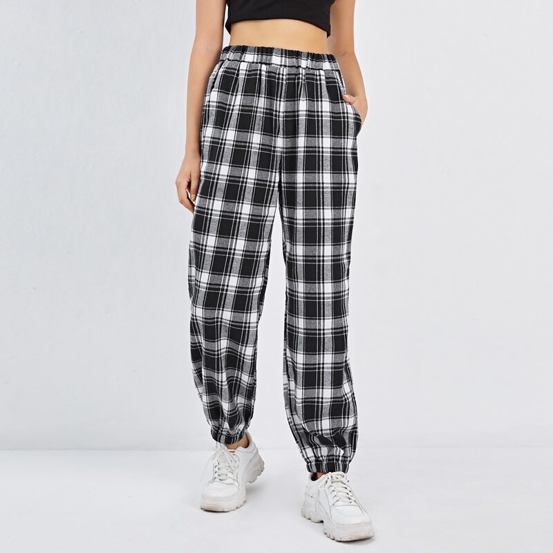

Plaid Elastic Waist Joggers, Black and white