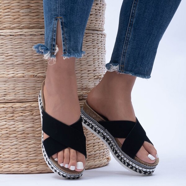

Cross Strap Flatform Mules, Black