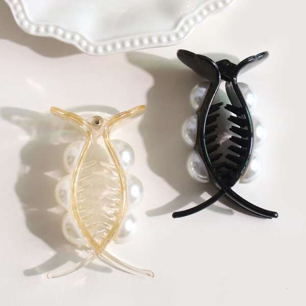 

2pcs Toddler Girls Faux Pearl Decor Hair Clip, Black and white
