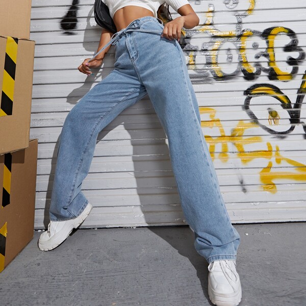 

Self Belted Straight Leg Jeans, Medium wash