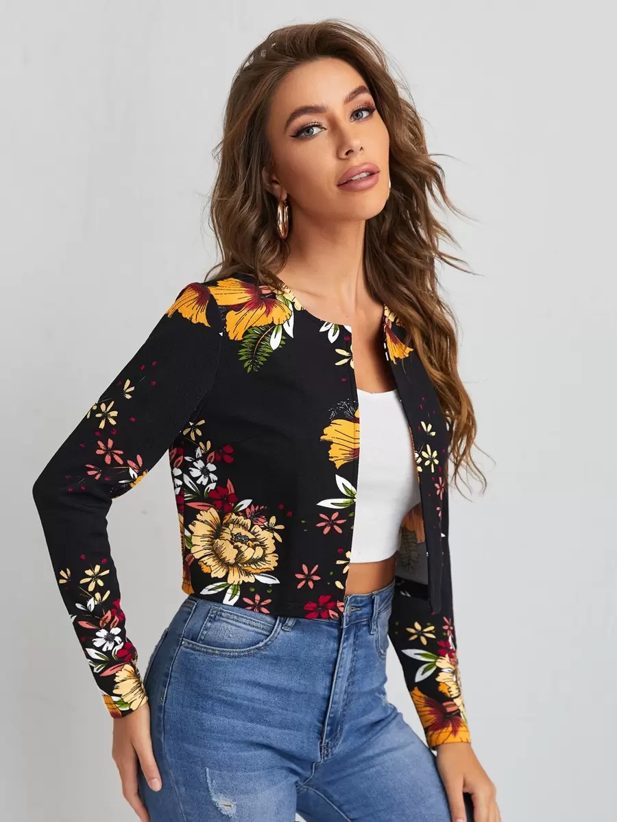 SHEIN Clasi Cazadoras Floral Casual - Negro - Ver 1