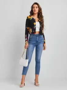 SHEIN Clasi Cazadoras Floral Casual - Negro - Ver 3