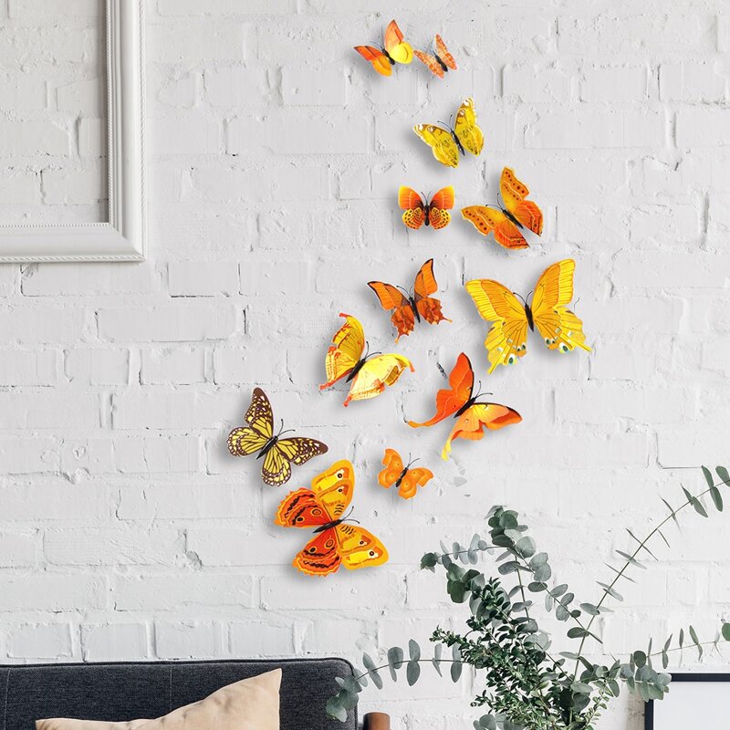 

12pcs 3D Butterfly Sticker, Yellow