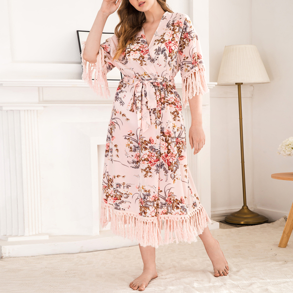 

Plus Fringe Trim Floral Self Belted Robe, Multicolor