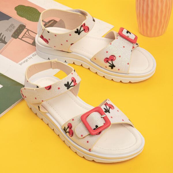 

Girls Cherry Graphic Ankle Strap Sandals, Beige