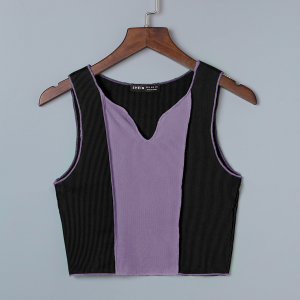 

Notch Neck Colorblock Rib-knit Tank Top, Multicolor