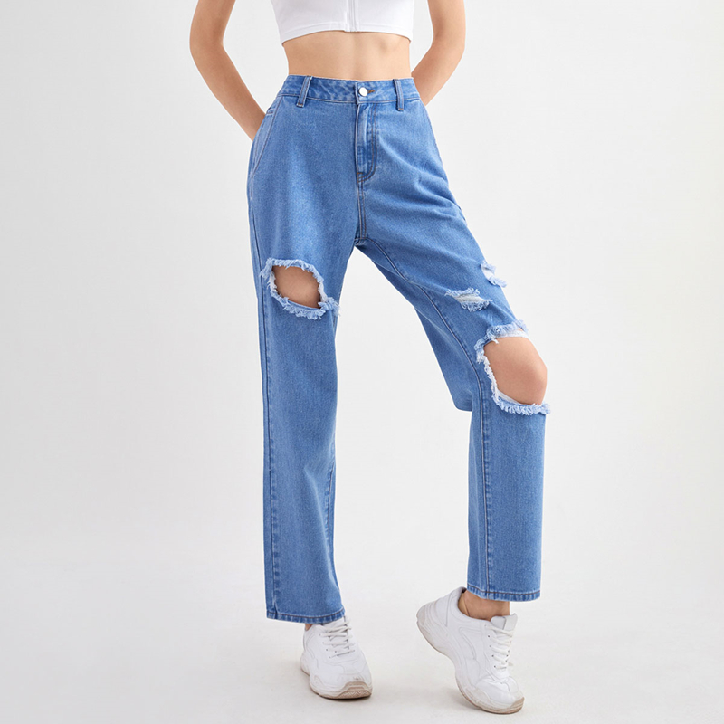 

Ripped Straight Leg Jeans, Medium wash