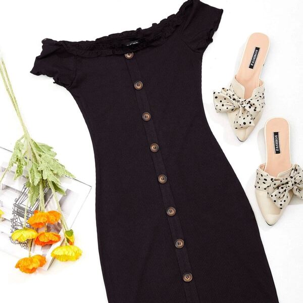 

Off Shoulder Button Up Dress, Chocolate brown