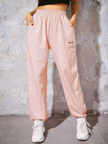 SHEIN EZwear Pantalones con bolsillo con bordado de letra - Rosa - Ver 1