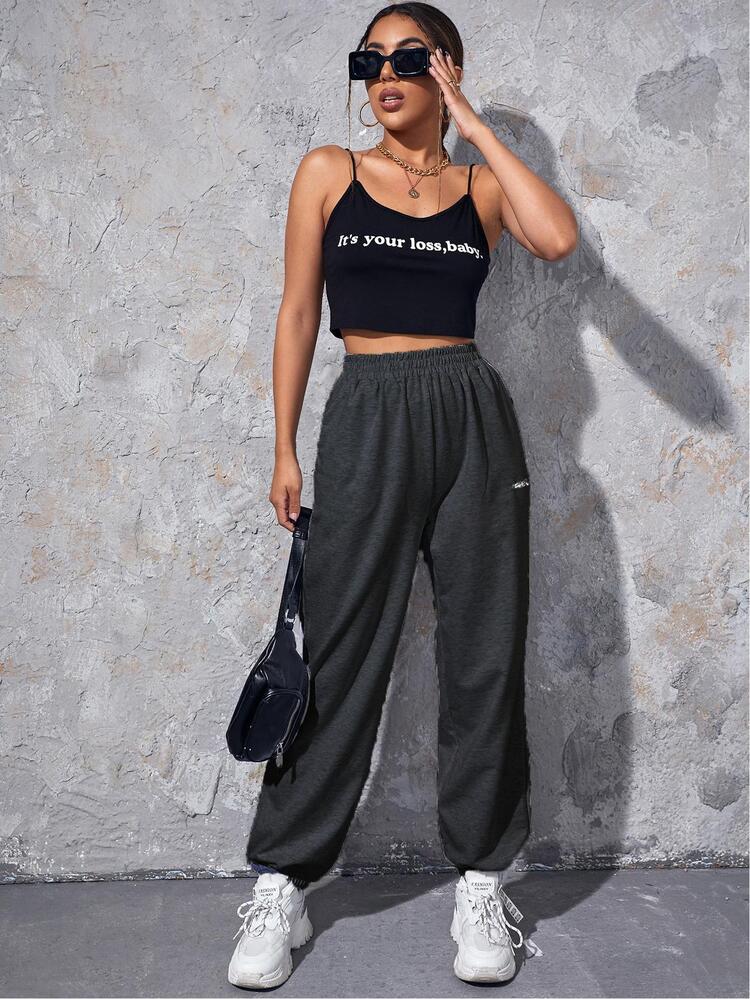 Muchica Letter Embroidery Slant Pocket Sweatpants - Dark Grey - View 4
