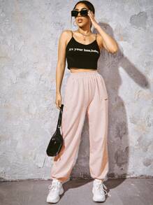 SHEIN EZwear Pantalones con bolsillo con bordado de letra - Rosa - Ver 4