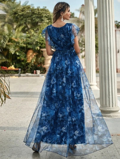 印花蝴蝶袖網紗連衣裙