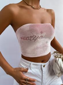 Letter Rhinestone Detail Velvet Tube Top - Baby Pink - View 3