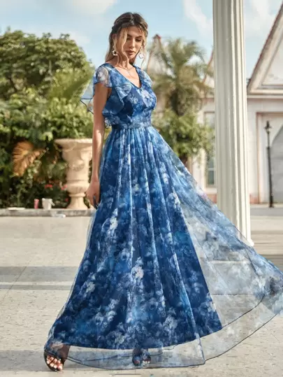 印花蝴蝶袖網紗連衣裙