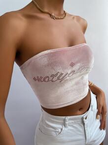 Letter Rhinestone Detail Velvet Tube Top - Baby Pink - View 5