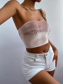 Letter Rhinestone Detail Velvet Tube Top - Baby Pink - View 6