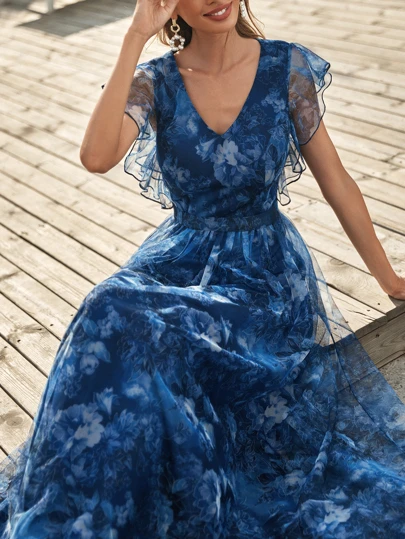 印花蝴蝶袖網紗連衣裙