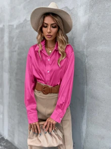 SHEIN Privé 緞面素色前排扣落肩袖襯衫 - 玫紅色 - 查看 4