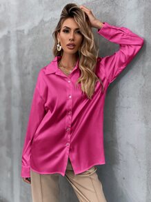 SHEIN Privé 緞面素色前排扣落肩袖襯衫 - 玫紅色 - 查看 5