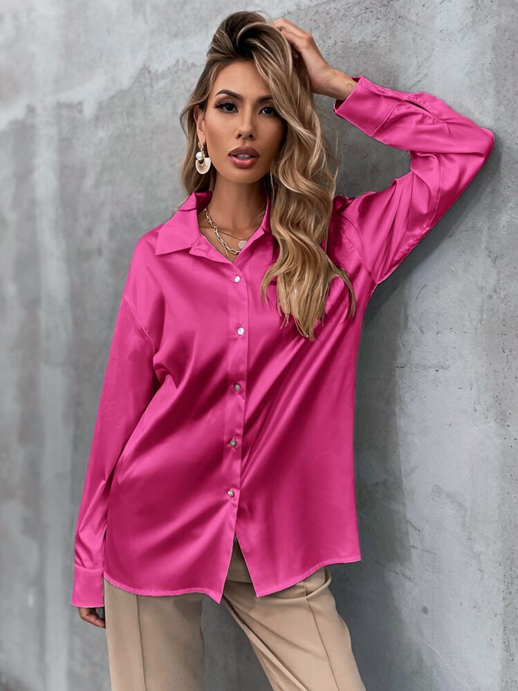 SHEIN Privé 緞面素色前排扣落肩袖襯衫 - 玫紅色 - 查看 5