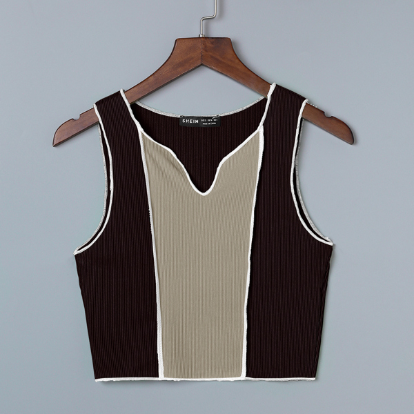 

Notch Neck Colorblock Rib-knit Tank Top, Multicolor