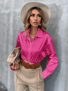 SHEIN Privé 緞面素色前排扣落肩袖襯衫 - 玫紅色 - 查看 6