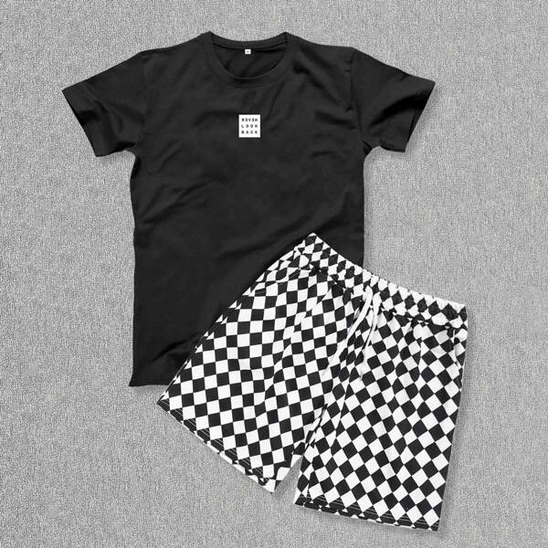 

Men Letter Graphic Tee With Checkerboard Shorts, Black and white