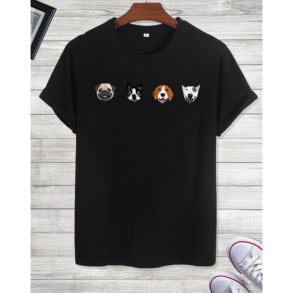 

Men Cartoon Dog Print Tee, Black