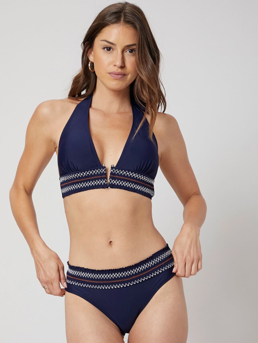 SHEIN V-Bar Detail Bikini For Summer Beach Vacation - Navy Blue - View 1